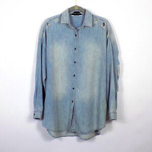 IRO Jeans Denim Button Up Shirt Ripped Distressed Chambray Blue Size US M Prune